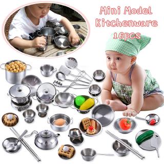Image of GZUV 16Pcs Kids Kitchen Toy Mini Cooking Role Play Simulation Stainless Steel Chef Toy