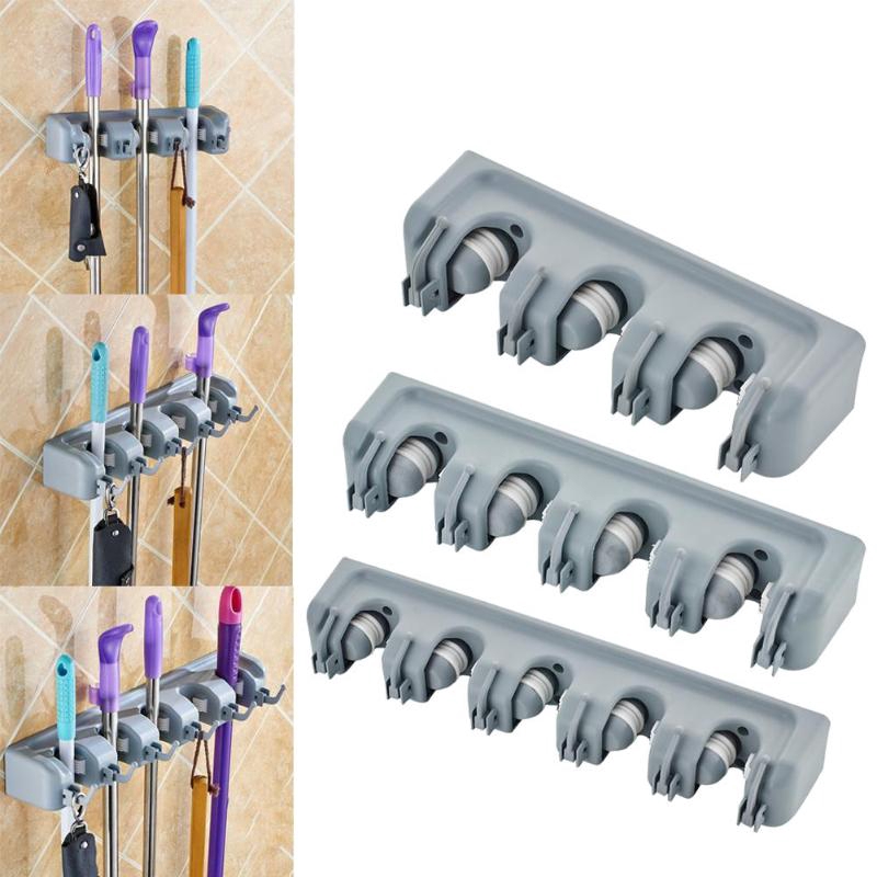 3/4/5 Posición Montado En La Pared Soporte De Fregona Colgador De Cepillos De Almacenamiento De Cepillo De Plástico Escoba Percha Estante Organizador De Cocina #10