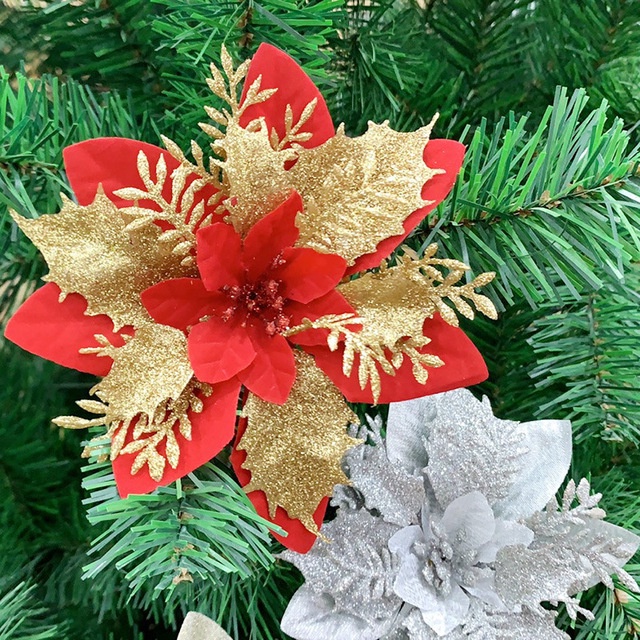 Cosye Hermosas Decoraciones para árboles de Navidad Flores Artificiales Poinsettia Glitter Flower Adorno de decoración de Boda Adorno 