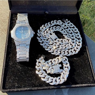 Image of Conjunto De 3 Piezas/Cadena Cubana Para Hombre , Collar De Reloj , Pulsera , Color Dorado , Joyería Para Hombres Plata