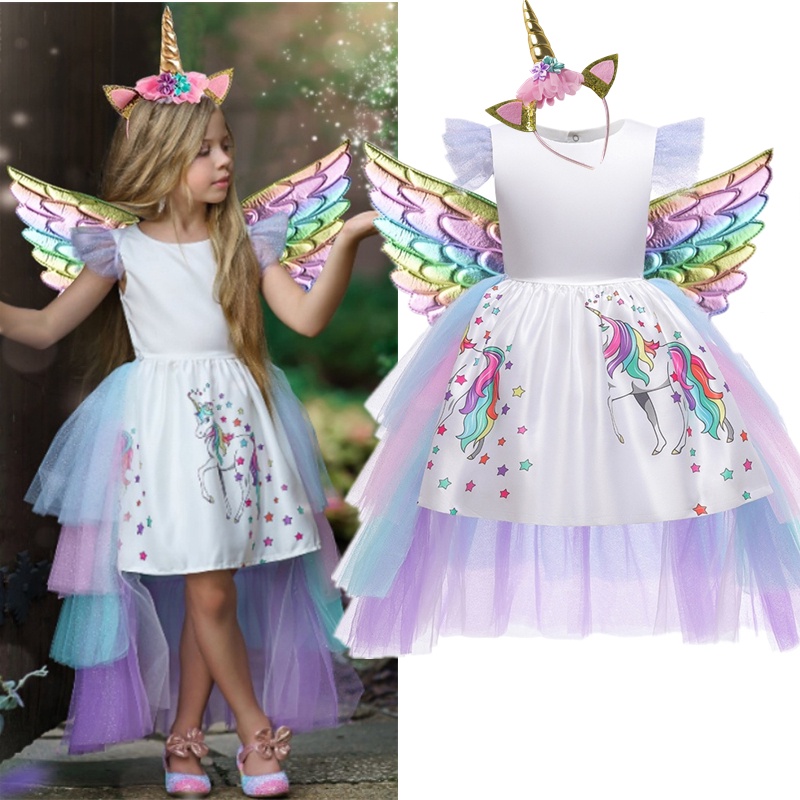 Unicornio Vestido Para Niñas Alas Diadema Traje Disfraces Pequeñas  Halloween Vestidos De Cumpleaños | Shopee Colombia