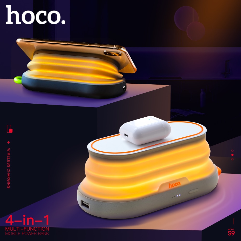 Hoco 4in1 Multifunción 5000mAh QI Cargador Inalámbrico Banco De Energía Con Luz De Noche Titular Del Teléfono Externo Powerbank Para iphone X XS