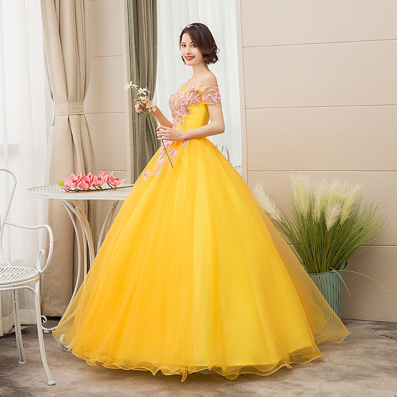Vestido De Novia Amarillo Para 2022 Nueva Moda Color Hilo Fuera Del Hombro  Etapa Rendimiento Esponjoso Elegante Vestidos De Noche Para Debut 18 Años |  Shopee Colombia