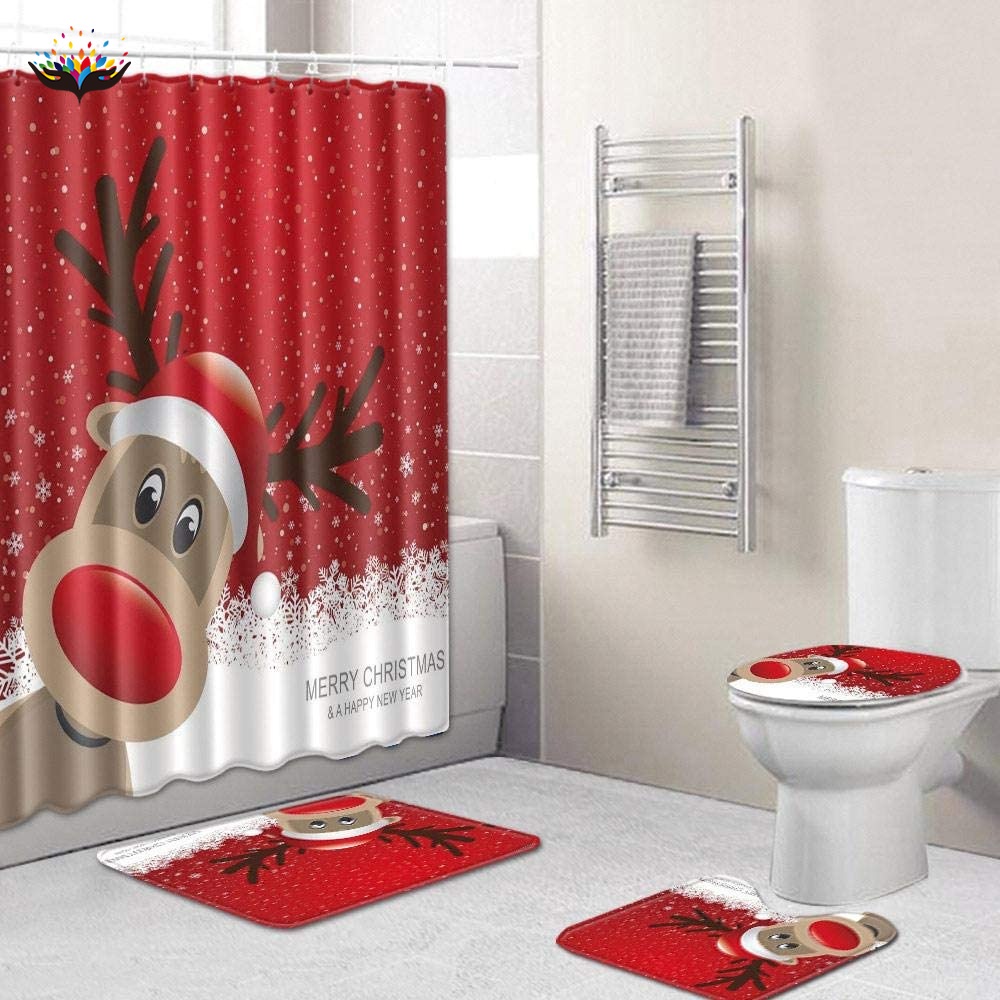 Hogar y cocina Juegos de accesorios de baño Feliz Navidad Baño Juego De Cortinas De Santa Claus Cortina De Ducha Impermeable Antideslizante Alfombra De Navidad Cortina De Ducha del Cuarto De