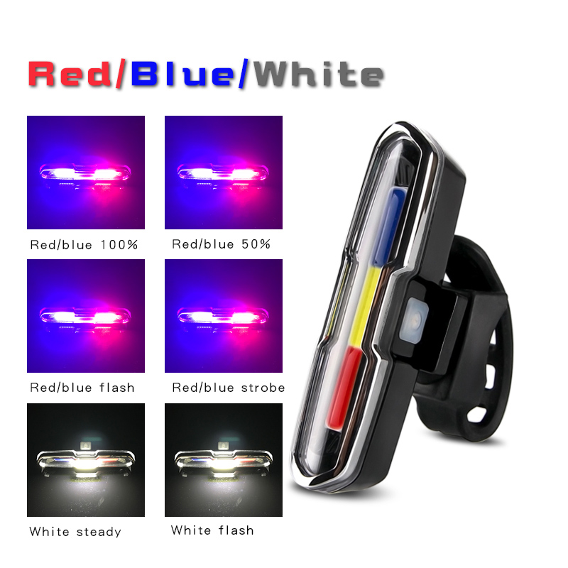 Image of 3 colores rojo brillante azul blanco 8 modos de carga USB LED bicicleta luz trasera de montaña #7