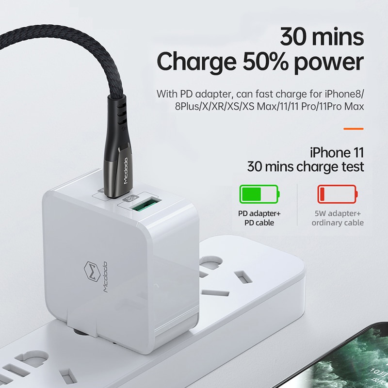 mcdodo pd 36w cargador rápido indicación led cable de datos usb c a lightning cable para iphone