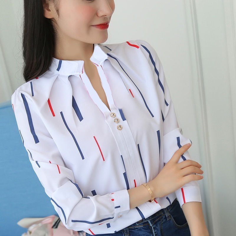 Tops Y Blusas Blancas Para Mujer Moda Rayas Estampado Casual Manga Larga  Oficina Señora Camisas De Trabajo Slim | Shopee Colombia