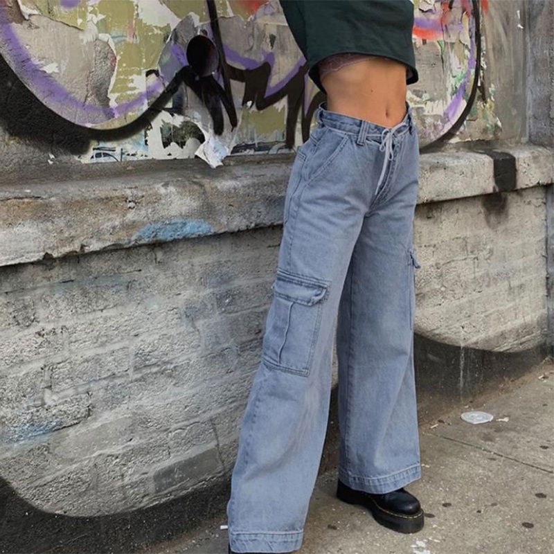 Slip shoes Onset Immunize bef mujer cintura alta recta ancho pierna holgada jeans bolsillo lateral  denim cargo pantalones | Shopee Colombia