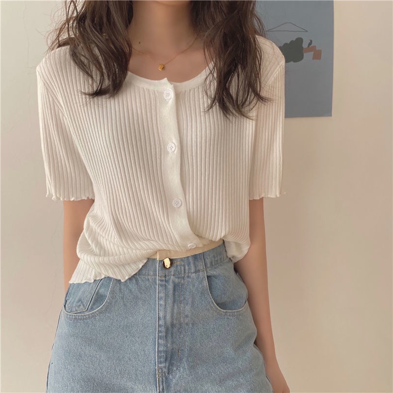 Hielo De Seda Blanca Prendas De Punto De Las Mujeres De Manga Corta Cardigan Delgado Hongo Lado Chaqueta Exterior Corto Top TW829I #3