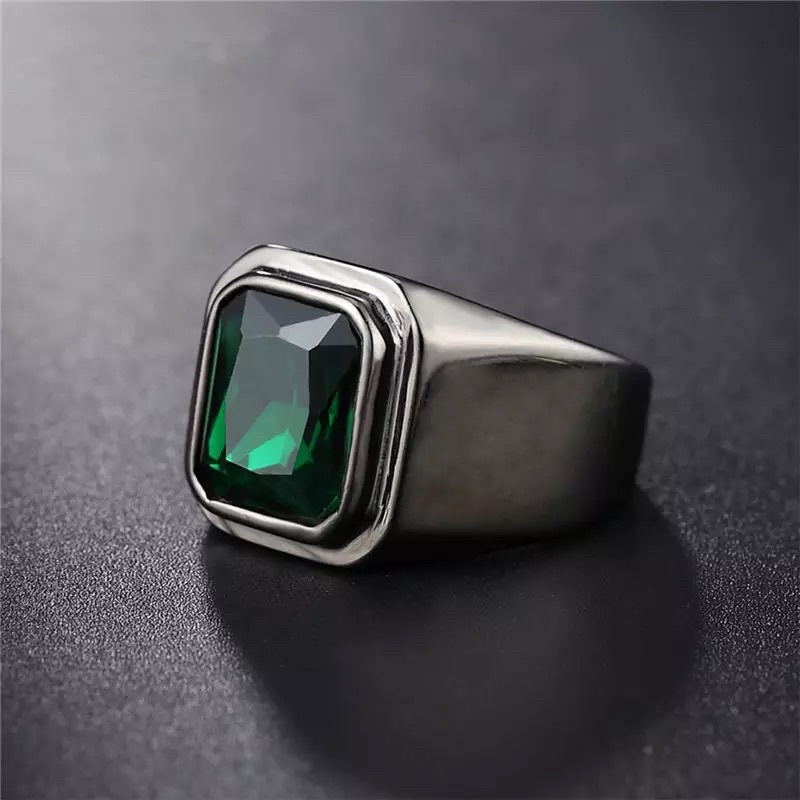 Anillo de los hombres octágono piedra verde esmeralda corte verde esmeralda anillo esmeralda negro pistola chapado titanio acero inoxidable fundido y resistente a la corrosión #9