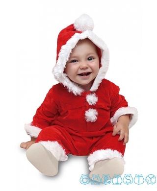 Image of S8F1 CHT-Baby Christmas Unisex Costume, Red Hooded Long-Sleeves Loose-fitting Jumpsuit with Fluffy Balls for Toddlers, Girls, Boys