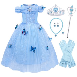 Image of IRAT Christmas Girls Cinderella Princess Blue Butterfly Dress Kids Cinderella Fairy Princess Costume Birthday Party Clothing