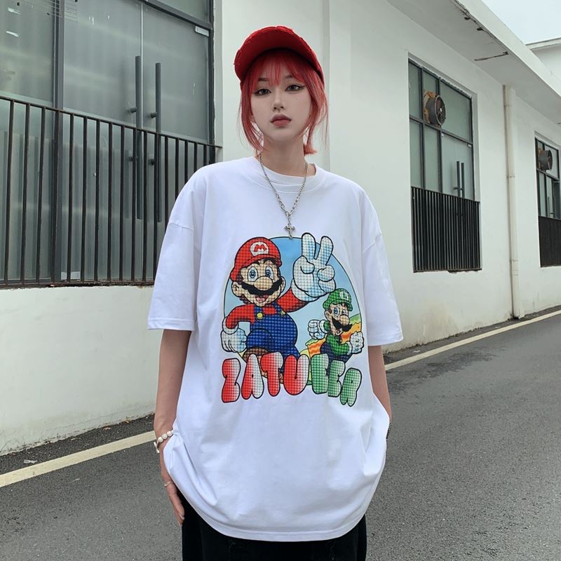 Verano Americano Vintage Estilo De Moda De Las Mujeres Manga Corta Camiseta Talla Grande Super Mario Diseño De Impresión Crewneck Camisa De Gran Tamaño Para Mujer Hip Hop Streetwear Negro