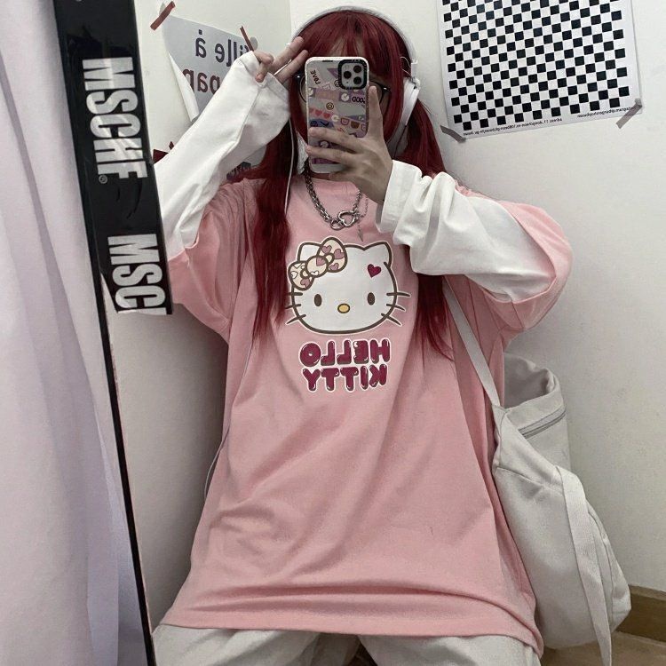Hello Kitty cute pink Camiseta De Manga Larga top Nuevo Estudiante Suelto  Coreano Falso Dos Piezas ins college Ropa De Mujer | Shopee Colombia