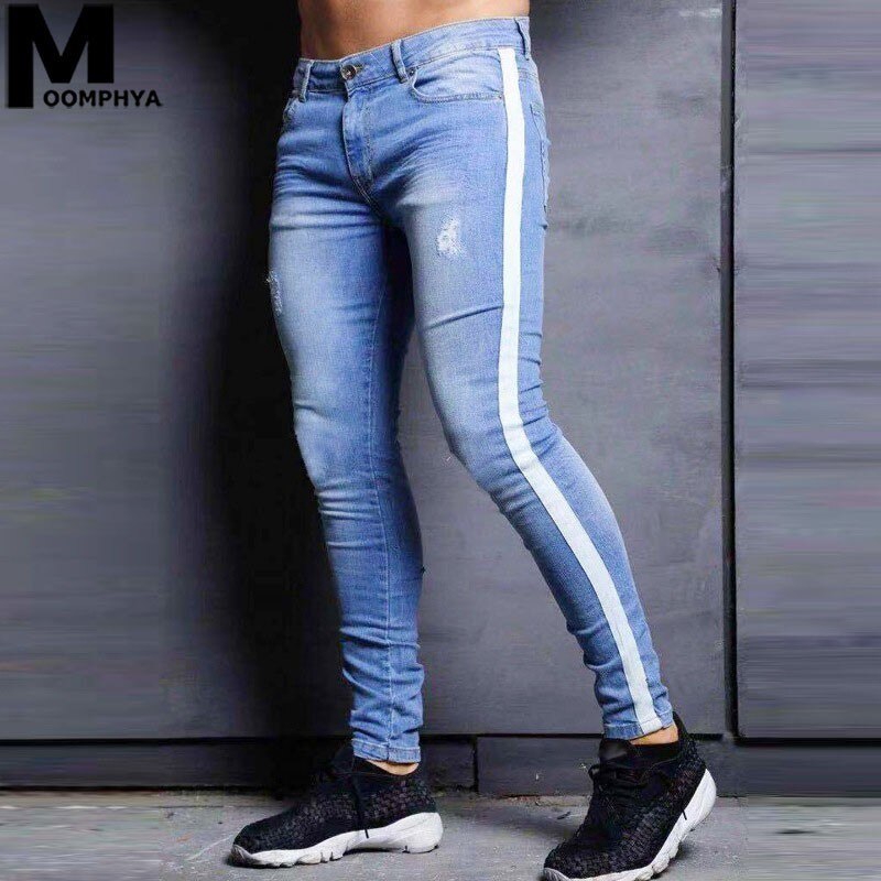 Rayas Agujeros Envejecidos Negros Hombres Jeans Streetwear Hip Hop Denim Skinny Para | Shopee Colombia