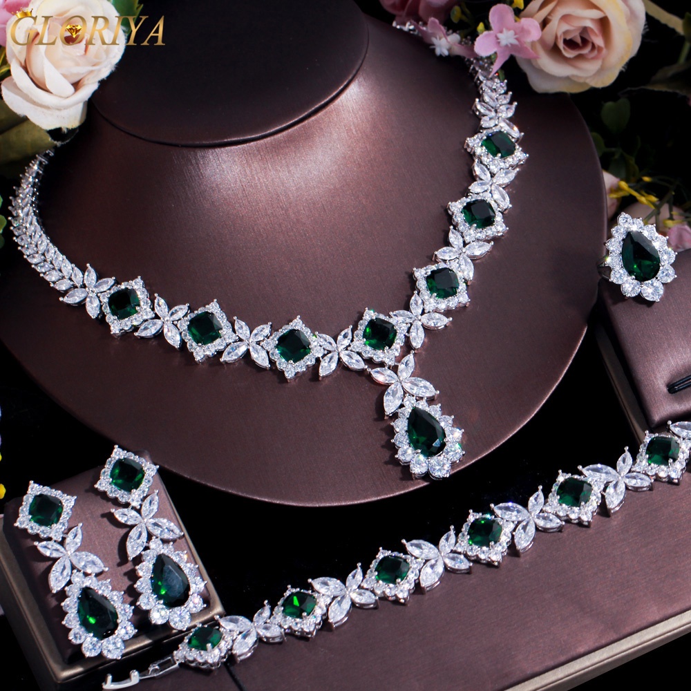 GLORIYA JS176-Collar De Joyería De Boda , Color Verde Esmeralda , 4 Piezas #3
