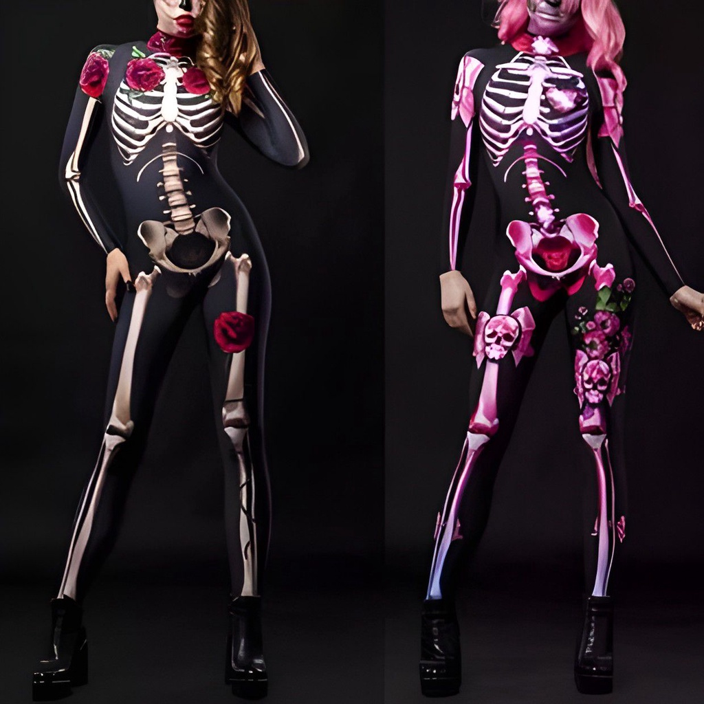 Mono De Halloween Para Mujer Disfraz Esqueleto Cosplay Body Skinny Catsuit #1