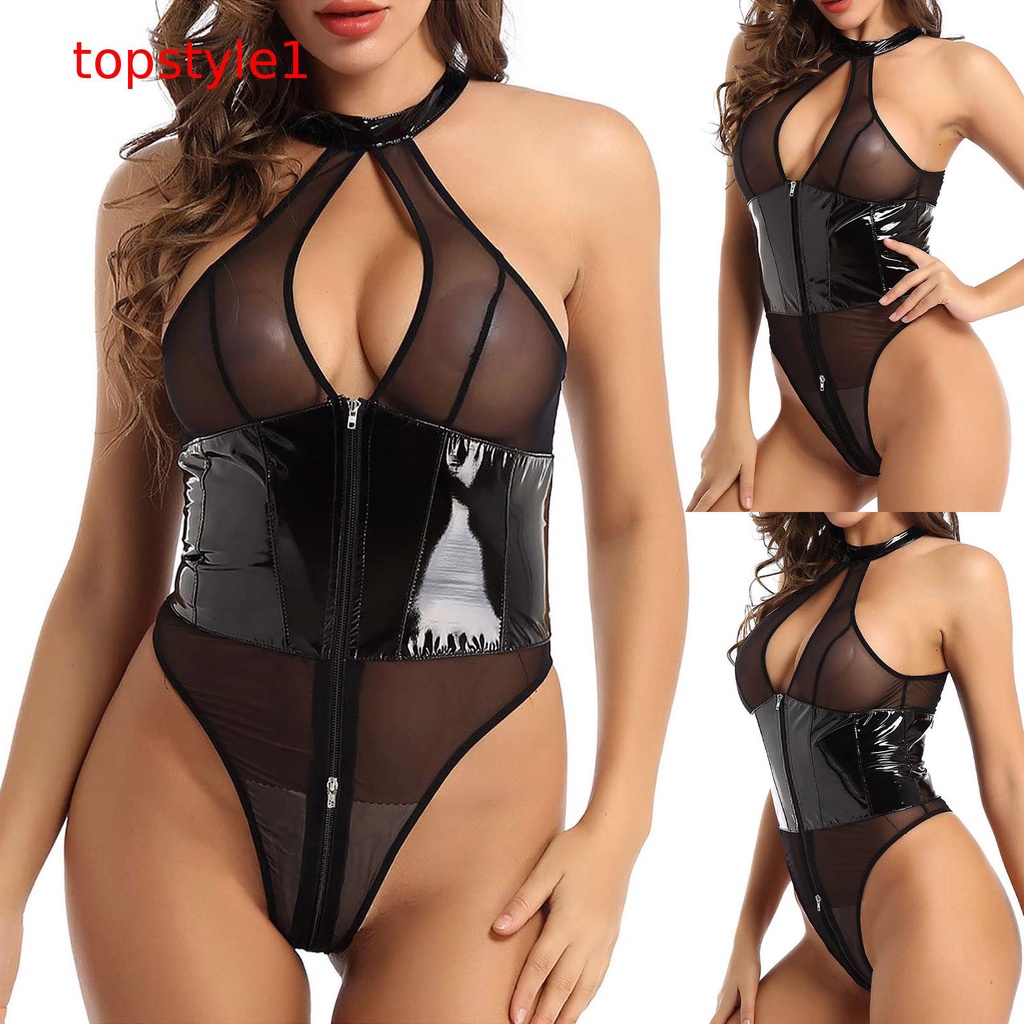 Lencería TSL Para Mujer Body De Peluche De Cuero Cutout Cuello En V Encaje Conjunto Babydoll Con Tanga #9