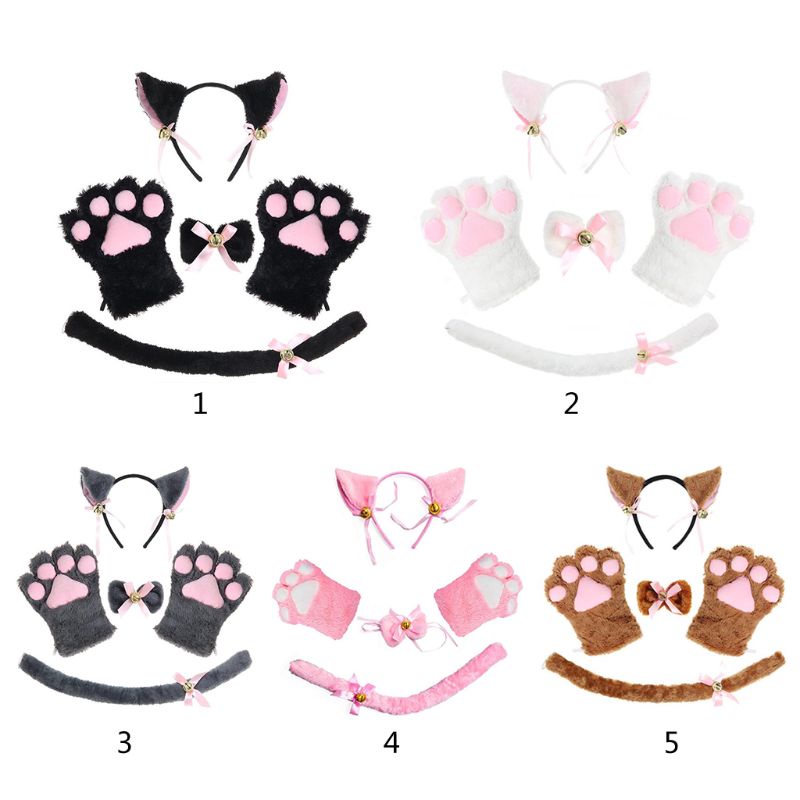EST Women Lady Cat Kitty Maid Cosplay Costume Set Plush Ear Bell Headband Bowknot Collar Choker Tail Paws Gloves Anime Props