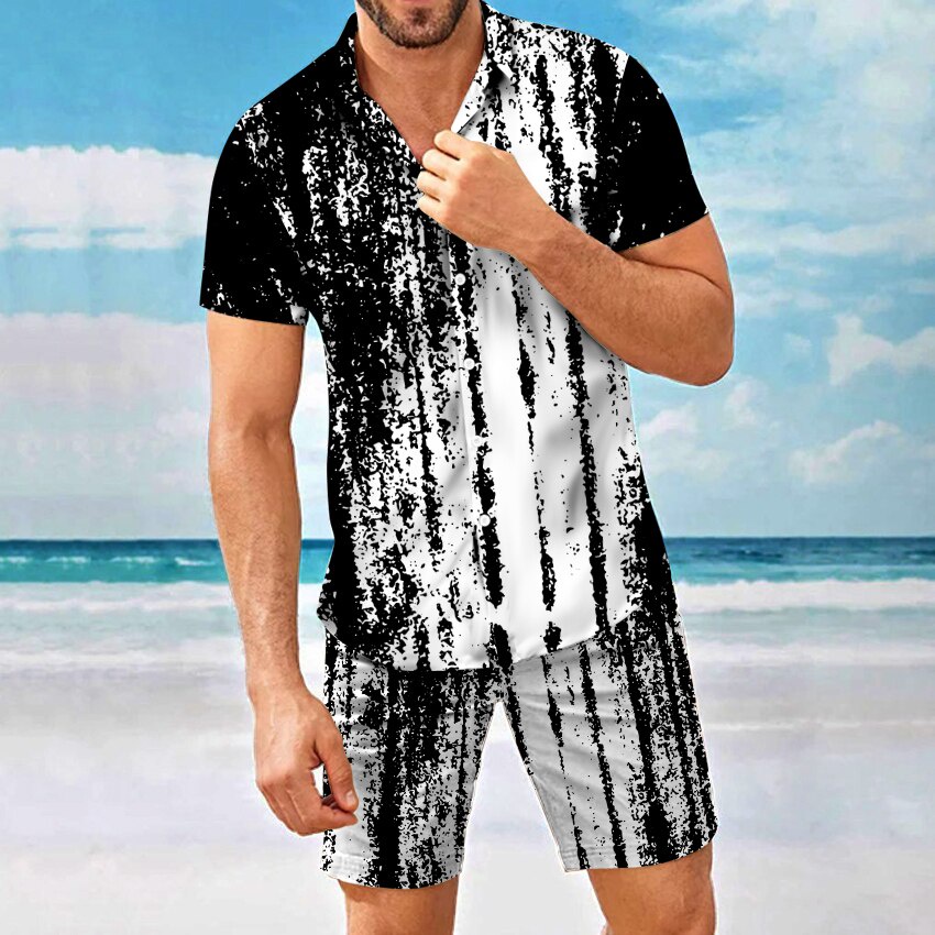 Conjuntos De Hombres Camisa De Rayas En Blanco Y Negro Hawaiana Pantalones Cortos De Verano Casual Playa De Dos Piezas | Shopee Colombia