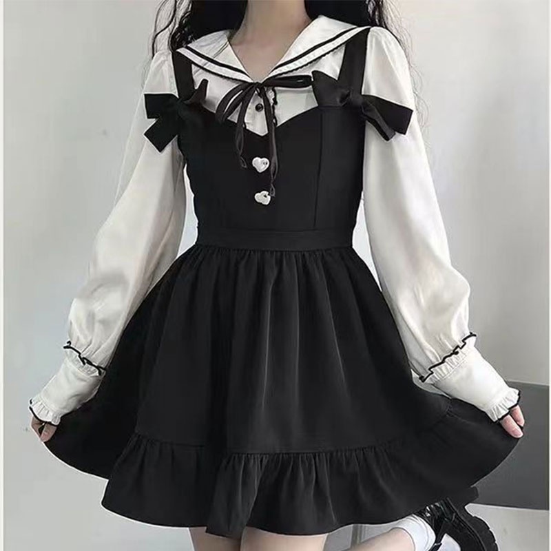 Kawaii Plisado Lolita Mini Vestido Mujeres Emo Harajuku Y2k Estética Vestidos Negros Goth Kpop Ropa Coreana | Shopee Colombia