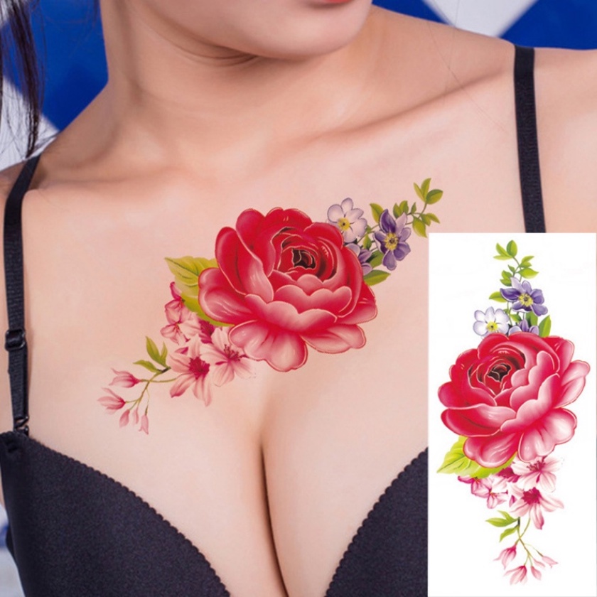 Azul Rosa Flores Artificiales Brazo Hombro Flash Henna Tatuajes Falsos Impermeables Temporales Pegatina Mujeres En El Cuerpo Icono De Moda