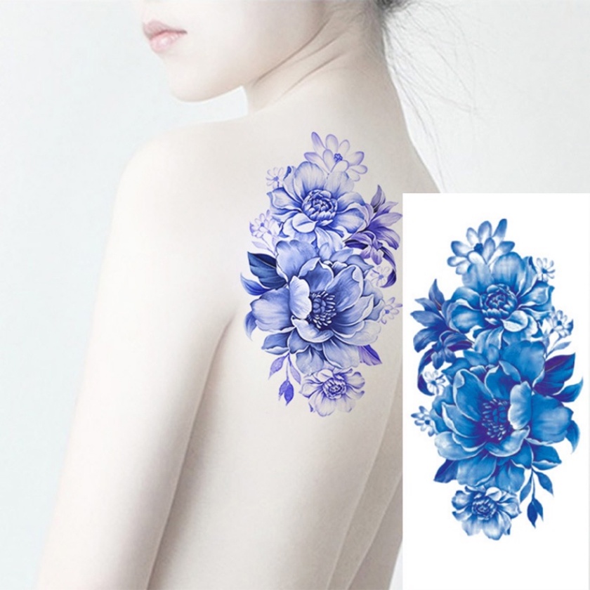 Image of Azul Rosa Flores Artificiales Brazo Hombro Flash Henna Tatuajes Falsos Impermeables Temporales Pegatina Mujeres En El Cuerpo Icono De Moda #4