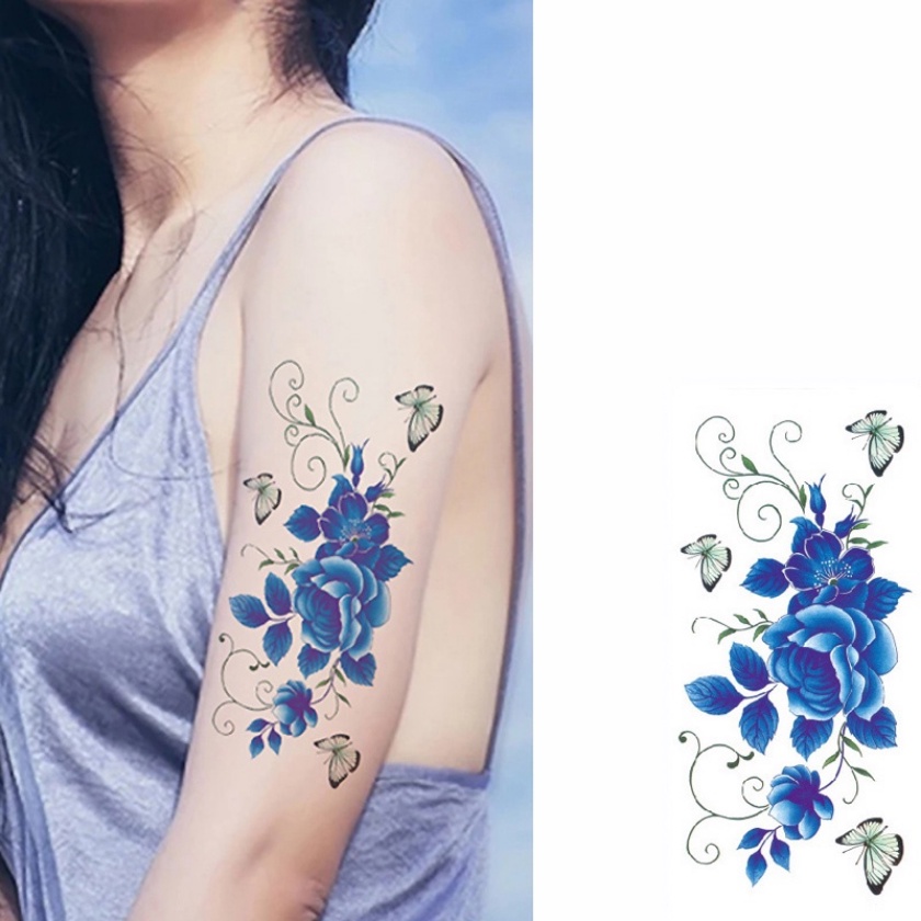 Image of Azul Rosa Flores Artificiales Brazo Hombro Flash Henna Tatuajes Falsos Impermeables Temporales Pegatina Mujeres En El Cuerpo Icono De Moda #5