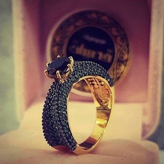 Conjunto Chapado En Oro De Lujo Anillos De Piedra Negra Para Mujer Anillo De Compromiso Verde Joyería #4