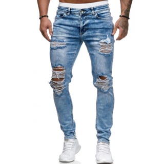Jeans Rasgados Hombre Desgastados Pantalones De Elásticos Ajustados Con Agujeros Rotos | Shopee Colombia