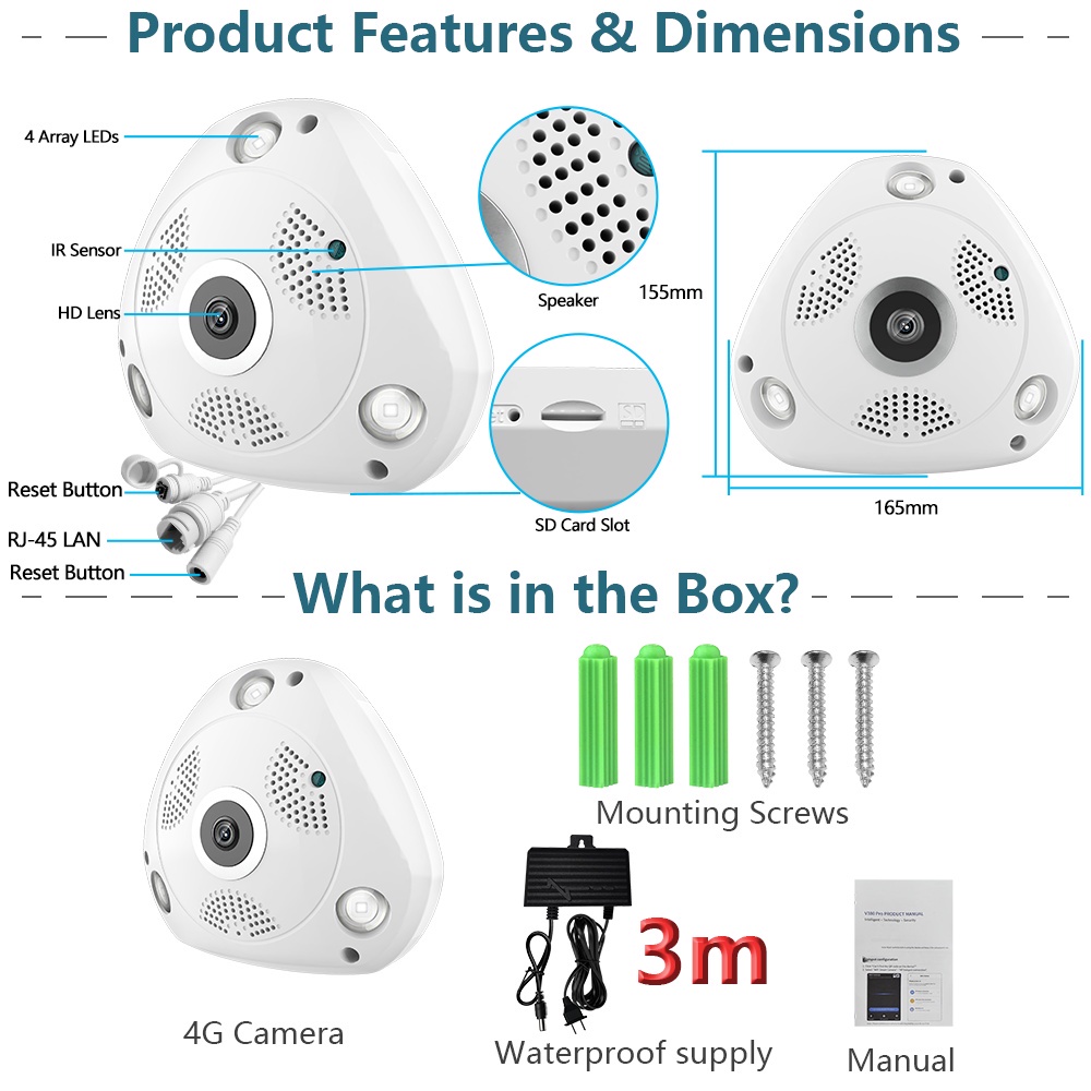 EVKVO 5MP CCTV Inalámbrico 360 Grados Panorámico 1.4mm Lente RJ45 WIFI IP Cámara De Visión Nocturna Seguridad | Shopee Colombia