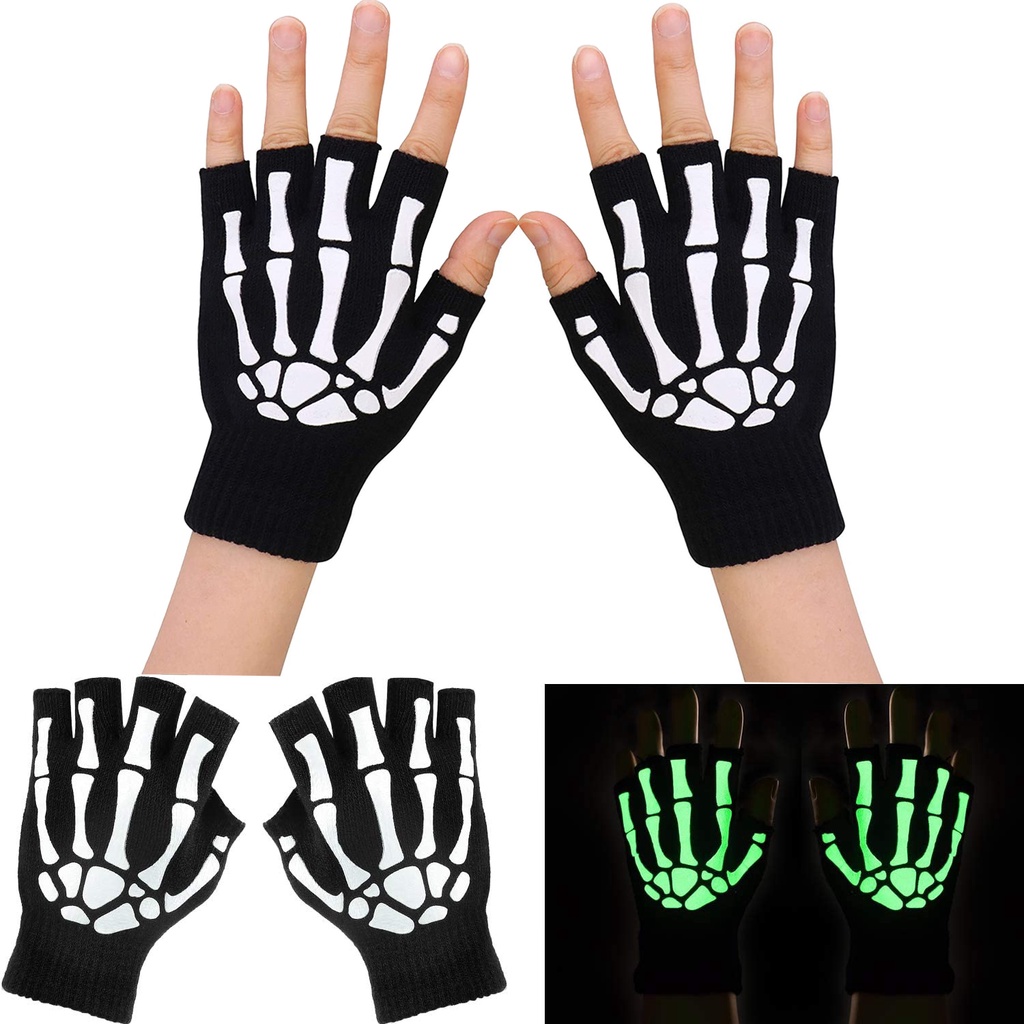 Guantes De Medio Dedo De Calavera Esqueleto Unisex Para Adultos Brillan En La Oscuridad Sin Dedos Estiramiento De Punto Invierno | Shopee