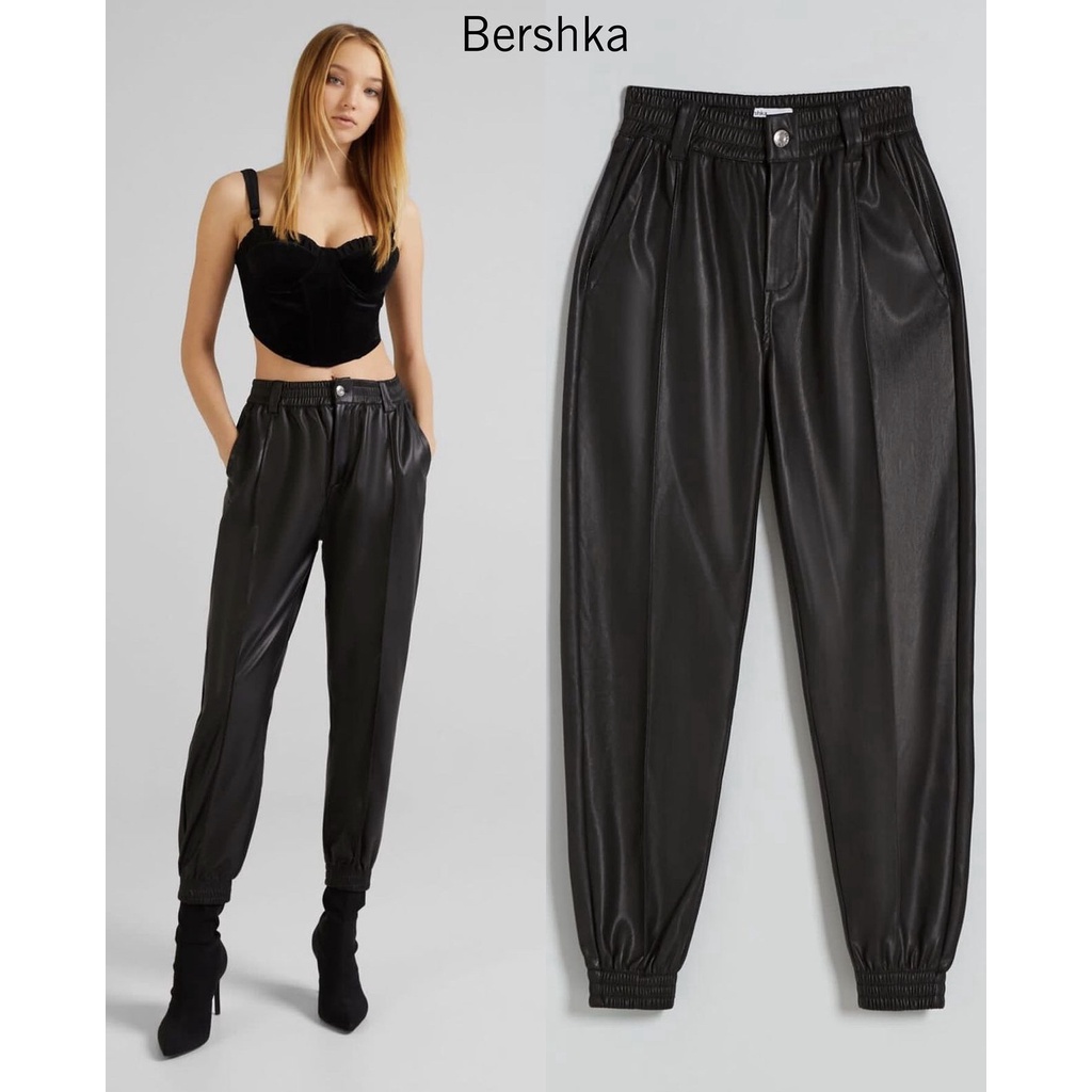 Bershka Faux Leather Jogger pantalones mujer - pantalones mujer - marca Original | Shopee Colombia