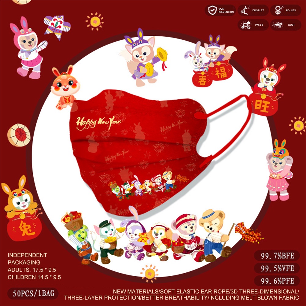 Image of 50 unidades de máscara de Año Nuevo empaquetada de forma independiente 2023 de conejo desechable con cara en V máscara impresa de dibujos animados japonesa Linda SUNFAYSS1 #8