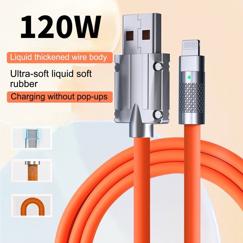 120W 6A Cable De Silicona Líquida De Carga Súper Rápida Tipo C Cargador Datos Para Xiaomi Samsung IP Zinc USB Bold Línea 1m