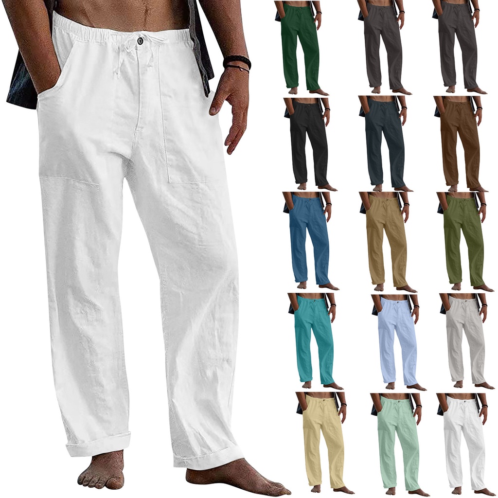 Pantalones De Lino De Algodón Hombre Cordón Suelto Playa Con | Shopee Colombia