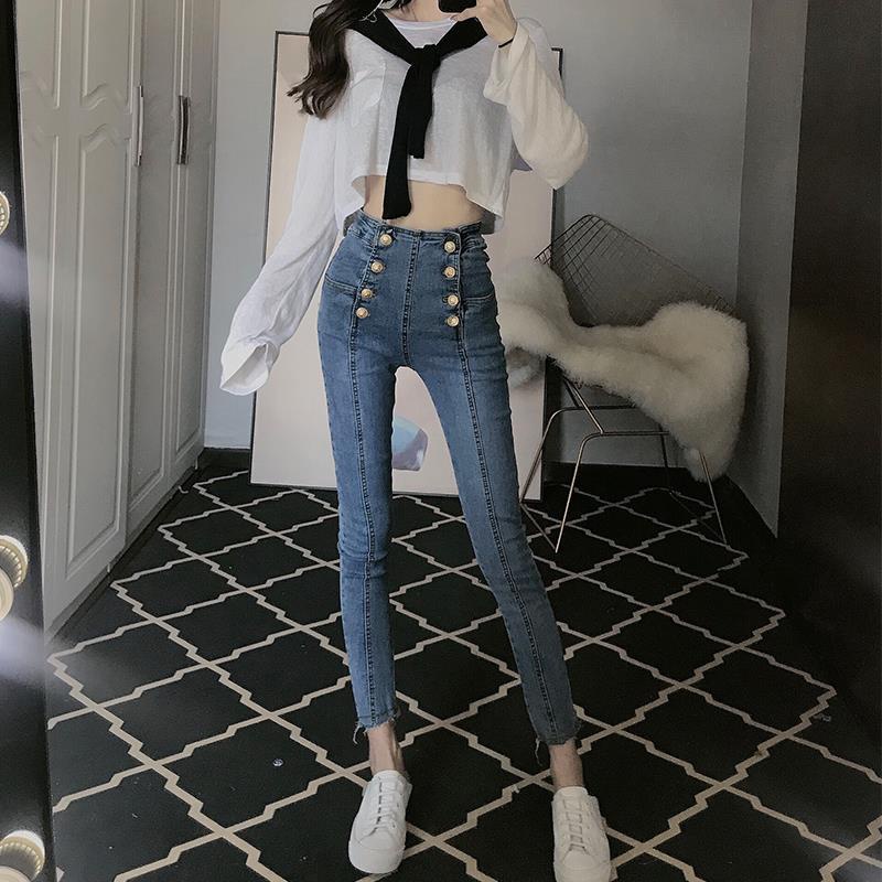 Jeans Coreanos De Cintura Alta Primavera Otoño Para Mujer , Aspecto Más  Delgado Y Ajustado A La Moda Elásticos Ajustados | Shopee Colombia