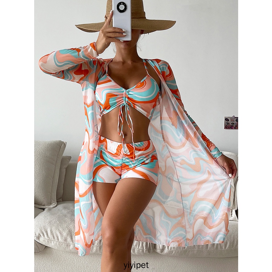 Bikinis 2022 Conjunto De Bikini De 3 Piezas De Baño Para Mujeres De Manga Larga Push Up Bañador Ropa De Playa | Shopee Colombia