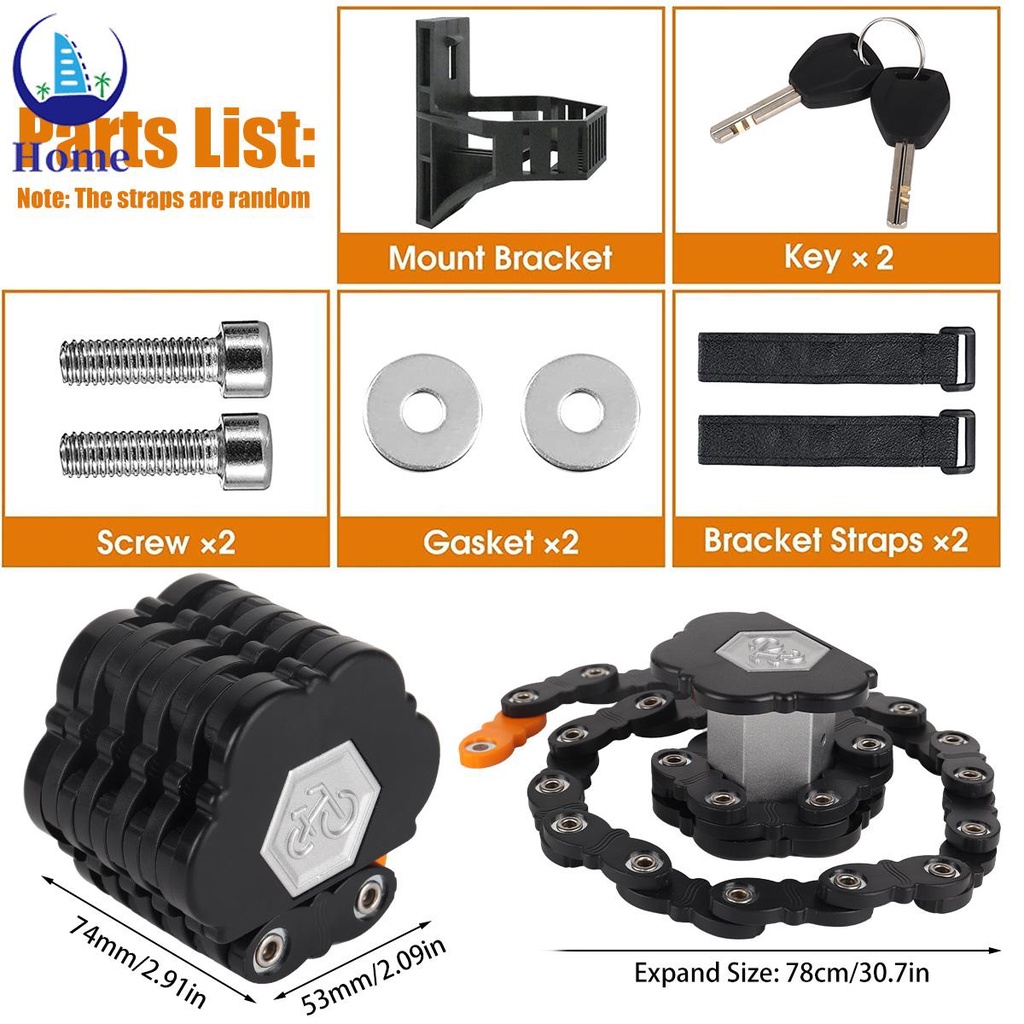 Cerradura De Cadena De Bicicleta Plegable Compacta Antirrobo Con 2 Llaves De Seguridad LockSHOPTKC3536