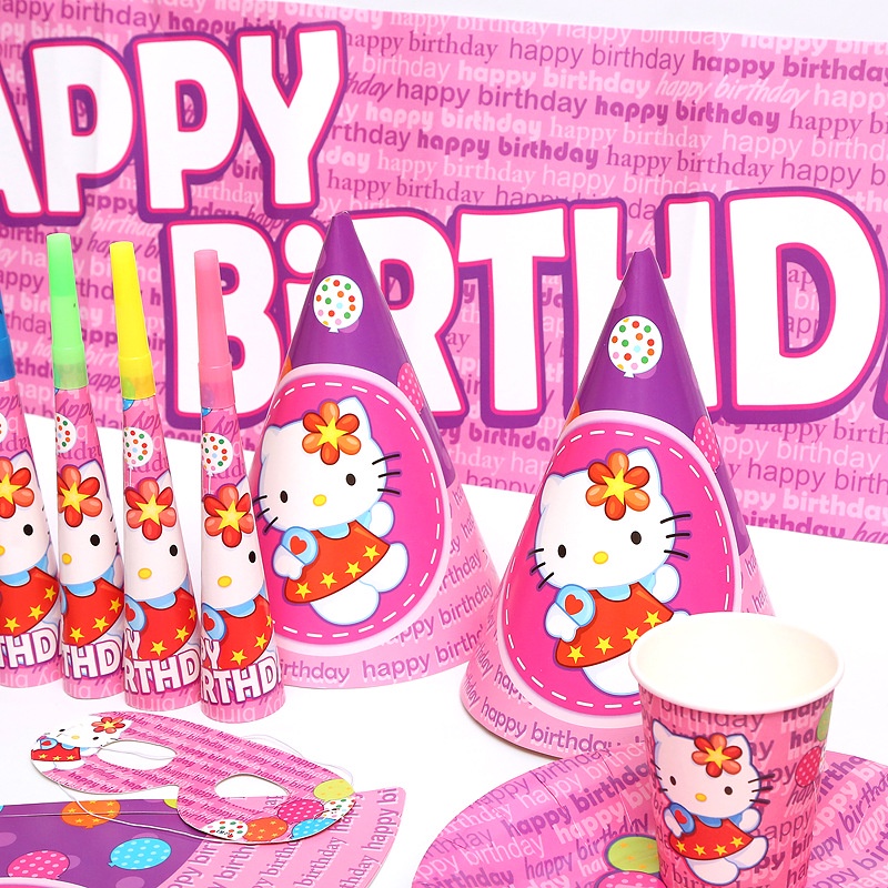Cumpleaños Hello Kitty Juego De Decoración De Fiesta Desechable Cubiertos Bandera Máscara Sombrero Escena De props #6