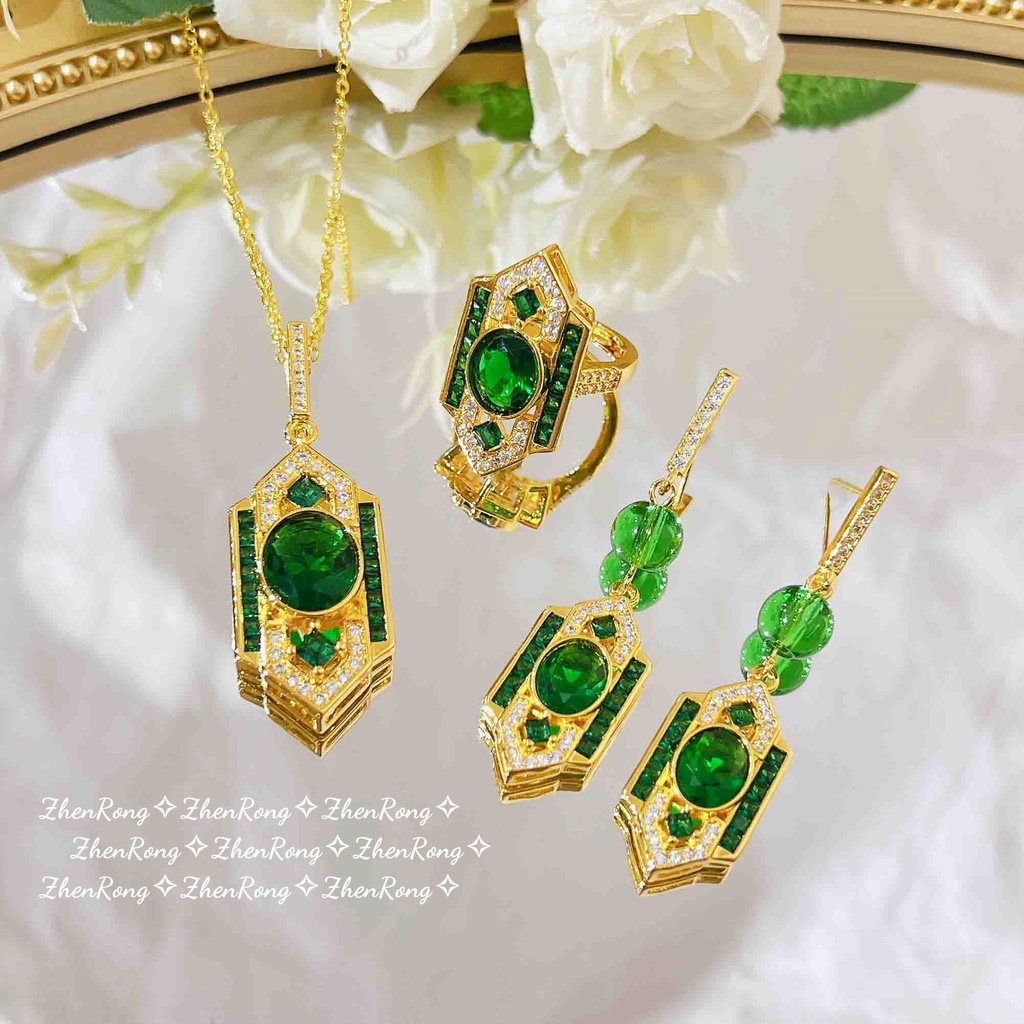 Image of GW Accesorios Coreanos Joyería Emas 916 Bangkok Arte Clásico Estilo Deco Traje Esmeralda Colgante Anillo Verde Diamante Pendientes #1
