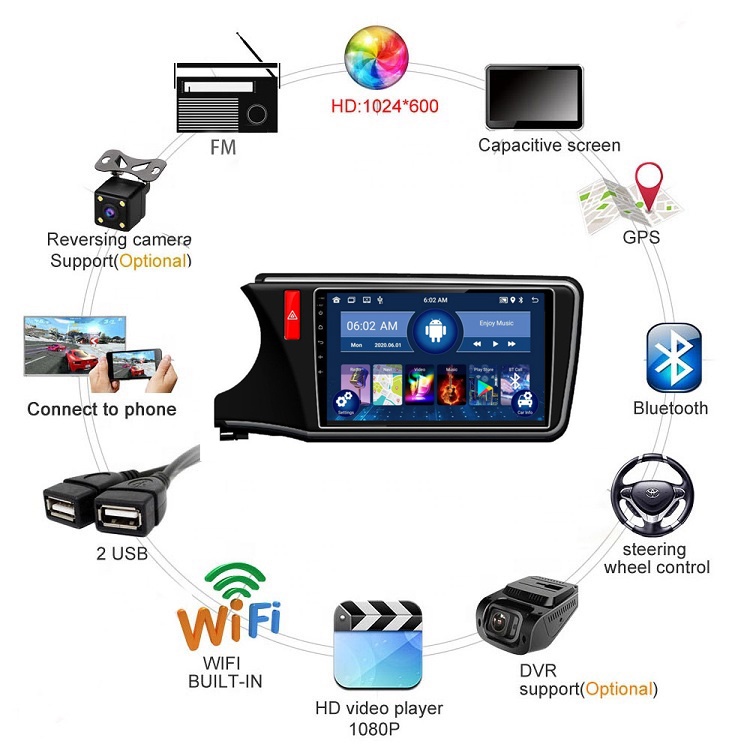  Unidad De Cabeza De Coche Android   De   Pulgadas Para Honda City           Radio Reproductor Estéreo De Video De Audio Con Bluetooth WiFi SWC MirrorLink Pantalla Dividida