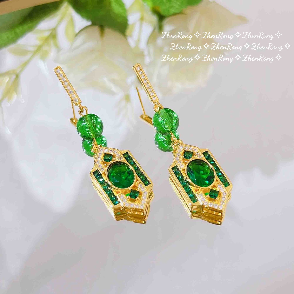 Image of GW Accesorios Coreanos Joyería Emas 916 Bangkok Arte Clásico Estilo Deco Traje Esmeralda Colgante Anillo Verde Diamante Pendientes #5