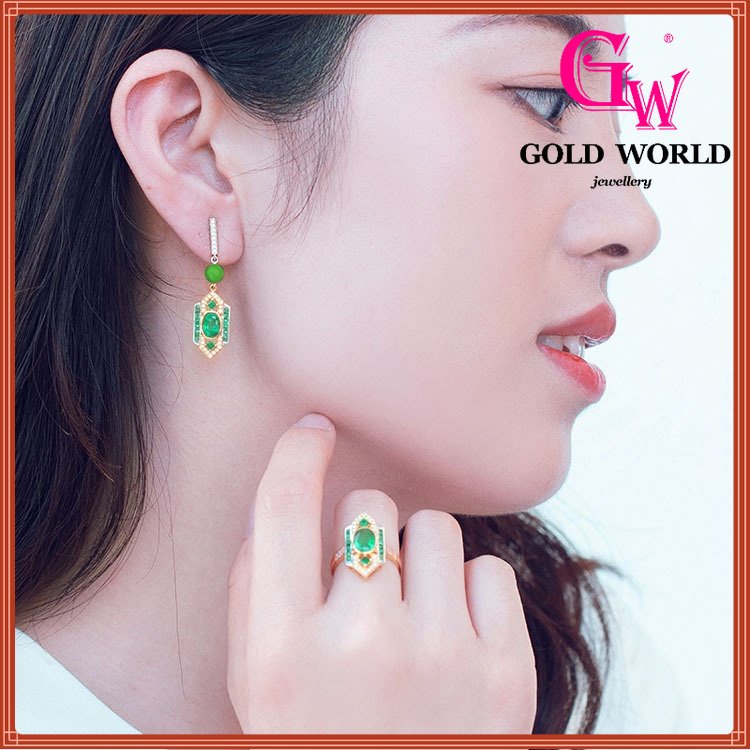 GW Accesorios Coreanos Joyería Emas 916 Bangkok Arte Clásico Estilo Deco Traje Esmeralda Colgante Anillo Verde Diamante Pendientes