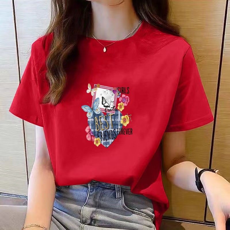 Camiseta De Manga Para Mujer 2023nuevas Camisetas Para Las Mujeres Cuello Redondo Suelto Rojo top Moda Dibujos Animados Impreso oversize ladies | Shopee Colombia