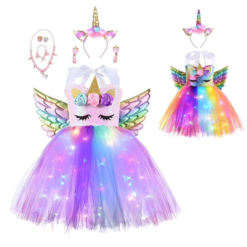 Princesa Niñas Brillante Unicornio Tutú Vestido Niños De Dibujos Animados  Con LED Brillantes Vestidos Alas Diadema Escenario Disfraz Para Fiesta De  Niña | Shopee Colombia