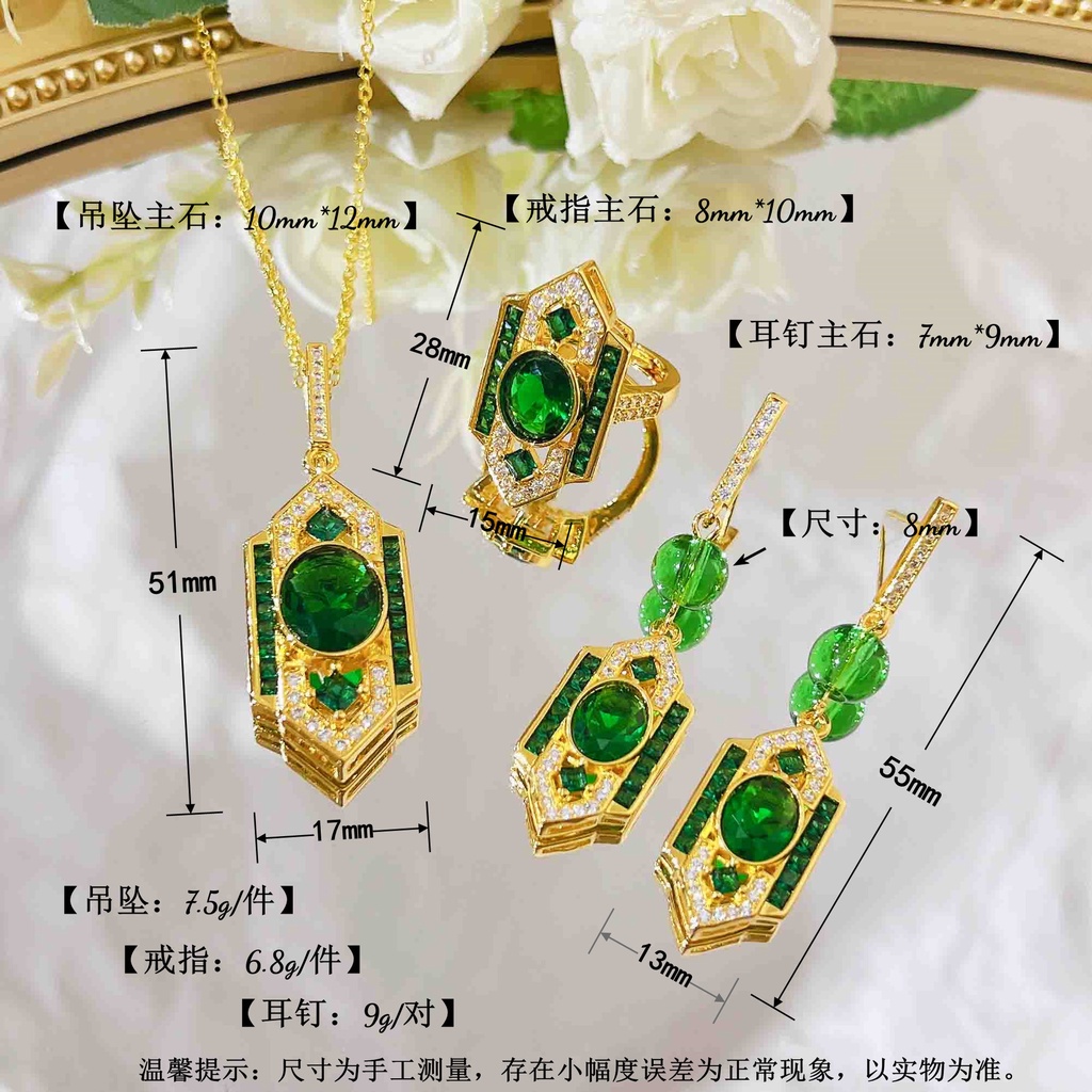 Image of GW Accesorios Coreanos Joyería Emas 916 Bangkok Arte Clásico Estilo Deco Traje Esmeralda Colgante Anillo Verde Diamante Pendientes #8