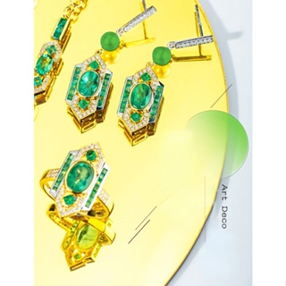 Image of thu nhỏ GW Accesorios Coreanos Joyería Emas 916 Bangkok Arte Clásico Estilo Deco Traje Esmeralda Colgante Anillo Verde Diamante Pendientes #2