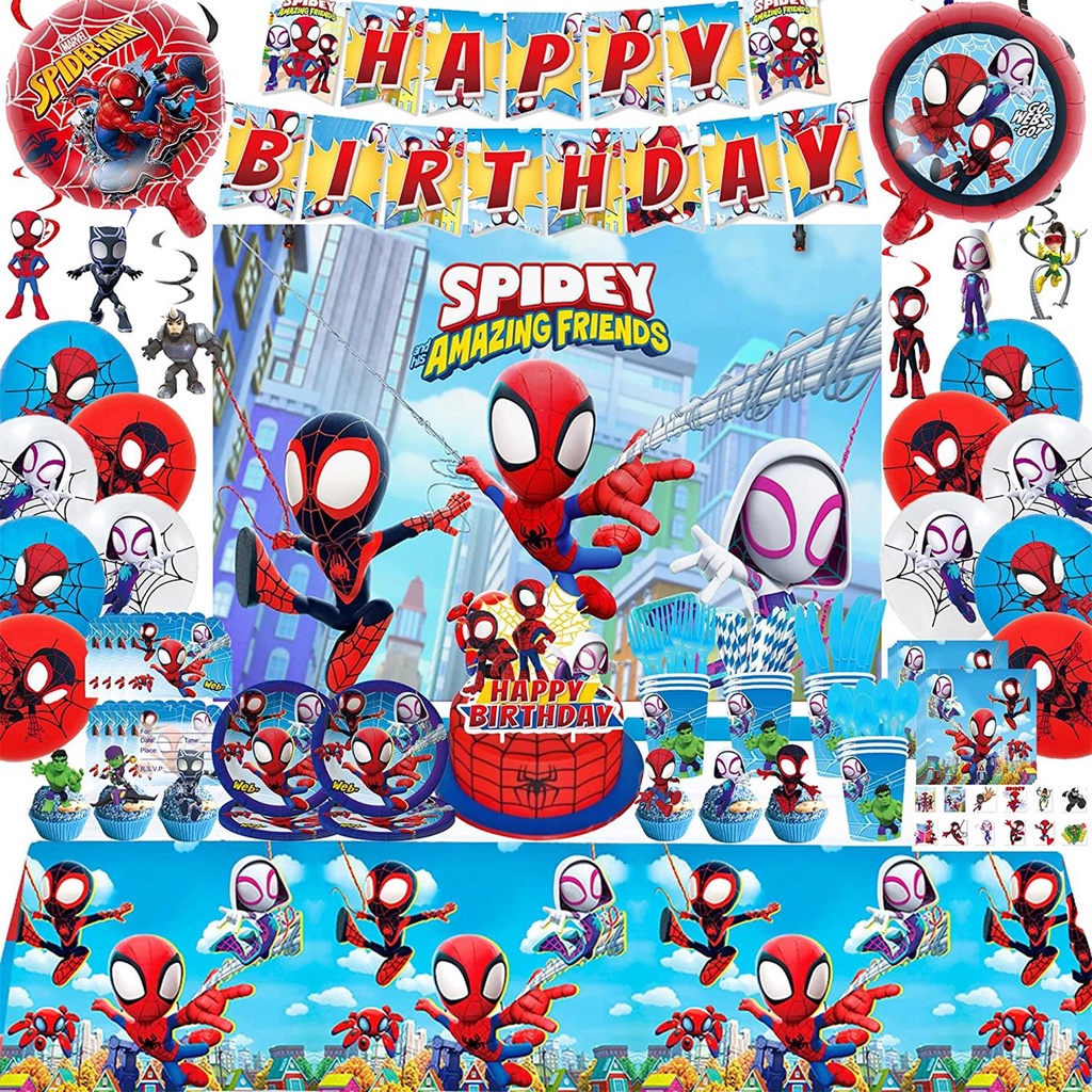 Marvel Spiderman Suministros De Fiesta De Cumpleaños Y Decoraciones Para  Niños , Telón De Fondo , Bandera , Tarjetas De Invitación , Decoración De  Tartas , Juego De Globos Vajilla | Shopee Colombia