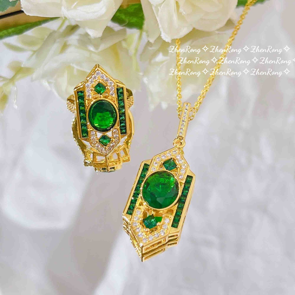GW Accesorios Coreanos Joyería Emas 916 Bangkok Arte Clásico Estilo Deco Traje Esmeralda Colgante Anillo Verde Diamante Pendientes